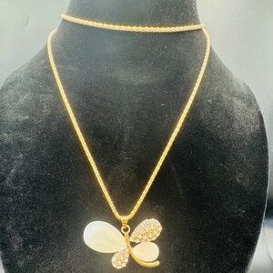 White Bead And Clear Rhinestone Butterfly Pendant Necklace